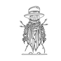 Stylized scarecrow illustration in black and white line art for fall themes