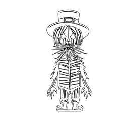 Stylized scarecrow illustration with hat, linear design with intricate detail