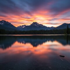 Fototapeta premium Vibrant Sunset over Mountain Lake Reflection