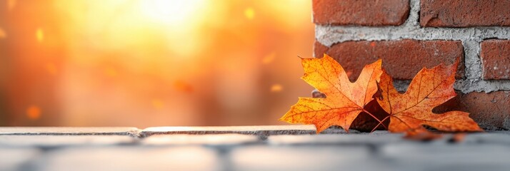 Endless Road Stretching Through Vibrant Autumn Forest. A serene autumn scene featuring vibrant orange leaves resting on cobblestones, complemented by warm sunlight shining through a brick wall.