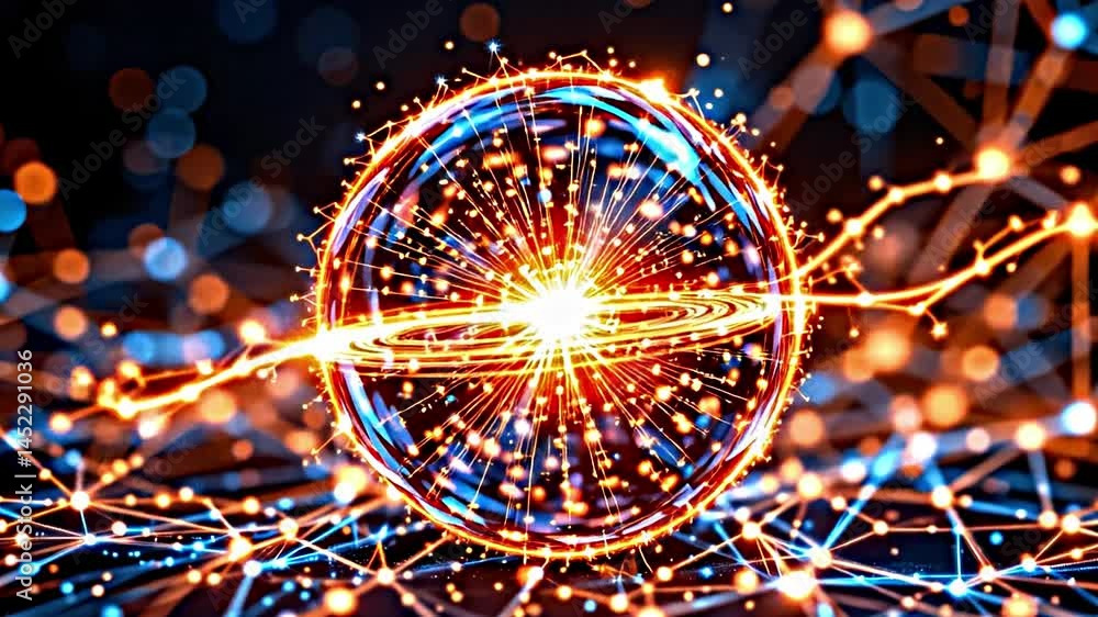 Aufkleber vibrant futuristic scene centered around glowing translucent sphere that radiates bright orange blue