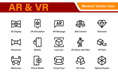 AR VR Line Icon Set – Minimal Vector Outline Illustrations for Augmented Reality, Virtual World, Futuristic Tech, Gaming, Metaverse, UX Design