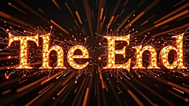 words End glowing golden font surrounded radiant lines that emanate from center creating sense excitement finality background dark which contrasts bright luminous text making it st out.