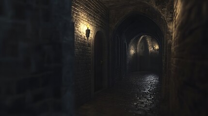 Obraz premium Dark Medieval Castle Corridor with Stone Walls and Candlelight