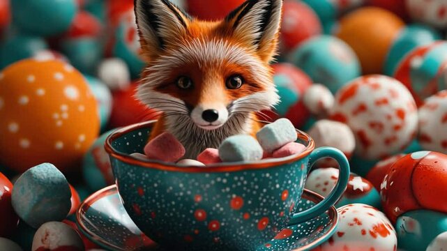Fox in Teacup: A playful red fox snuggles into a cozy teal teacup filled with fluffy marshmallows, surrounded by colorful Easter eggs.