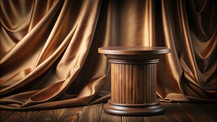 Elegant Brown Wood Pedestal Product Display with Silk Curtain Backdrop - Stock Photo