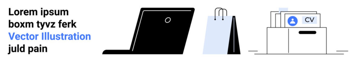 Laptop positioned for work, shopping bag symbolizing purchase, and document storage highlighting organization. Ideal for e-commerce, office tools, efficiency, job applications, planning