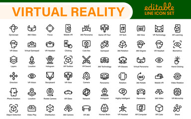 AR VR Line Icon Set – Minimal Vector Outline Illustrations for Augmented Reality, Virtual World, Futuristic Tech, Gaming, Metaverse, UX Design