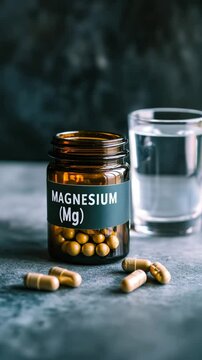 A glass of water sits next to a jar filled with magnesium capsules ready for use on a kitchen counter