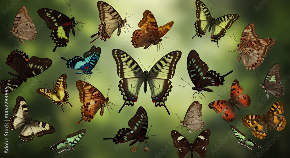 Poster detailed macro photograph of twenty four colorful butterflies with unique wing patterns on blurred g