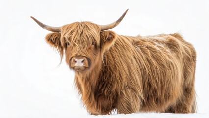 A Highland cow stands in the snow, its long shaggy fur and large horns visible against a white background.