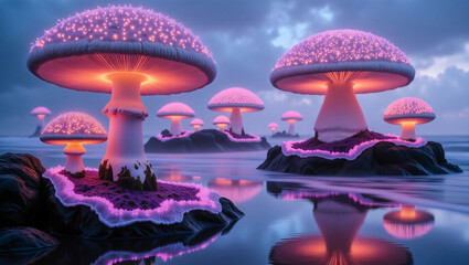 Huge clusters of brilliantly glowing mushrooms, large mushrooms standing on rocky outcrops with sparkling tops and pink fluorescent dots dotting them