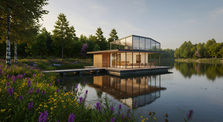 Obraz premium Modern Lakeside House: Architectural Design on the Water