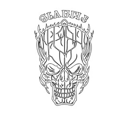 Stylized skull illustration with 'Seattle' lettering, dark yet playfully edgy