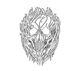 Stylized skull outline engulfed in abstract flames, design in monochrome