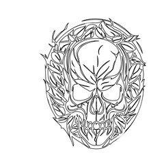Fototapeta premium Line Art Skull Encircled by Foliage: Macabre Botanical Illustration Isolated