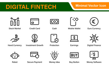 Finance and Technology Icon Collection – Professional Minimalist Line Vector Icons for Cryptocurrency, Mobile Banking, Digital Wallets, and Investments
