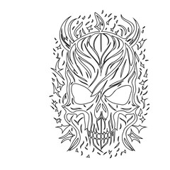 Intricate line art of a stylized skull with horn-like flames and star motifs