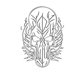 Stylized skull line art depicting abstract flames and foliage design elements