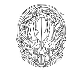 Intricate Line Art Depicting a Skull Surrounded by Dynamic Feather-like Forms