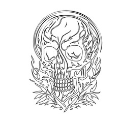 Intricate skull illustration with floral embellishments in monochrome aesthetic