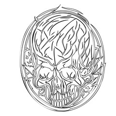 Stylized skull with floral elements illustration in black and white detail