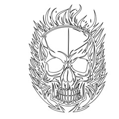 Monochrome skull engulfed with stylized flames for tattoo or graphic design