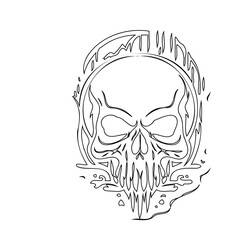 Line art skull illustration against a textured circular frame design concept