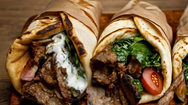 Savory grilled meat wraps with lettuce, tomato and yogurt sauce in pita bread on wooden board ready for serving