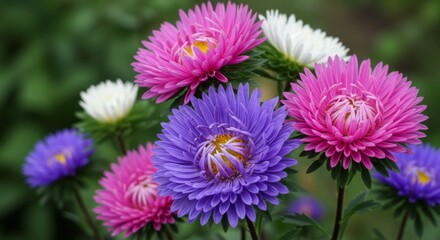 Closeup of Vibrant Pink Purple White Aster Flowers
