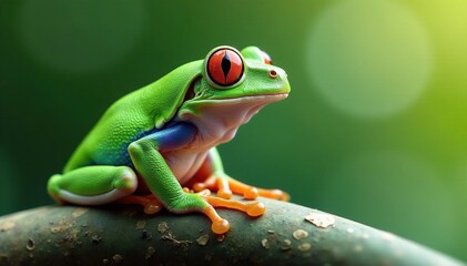 Obraz premium Green tree frog perched on white, vibrant colors, bright, studio