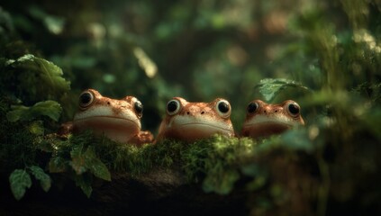 Observe Frogs on Mossy Log in Lush Forest, Amphibians and Green Foliage. Nature's Wonders Displayed.