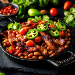 A hearty skillet of baked beans topped with crispy bacon, jalapenos, tomatoes, and fresh herbs, surrounded by vibrant vegetables.