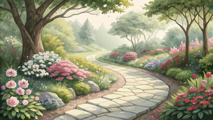 *Garden pathway background with winding stone path and colorful blooms, inviting tranquil nature scene with copy space*