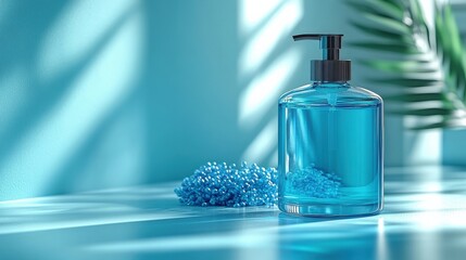Clear blue liquid soap dispenser on a bright surface with decorative beads and green leaves