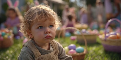 Fototapeta premium Cute Baby Sitting on Grass With Basket