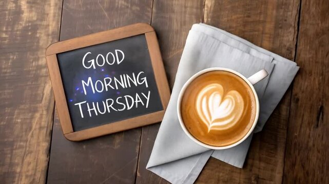 Good morning thursday with coffee latte and chalkboard on table top