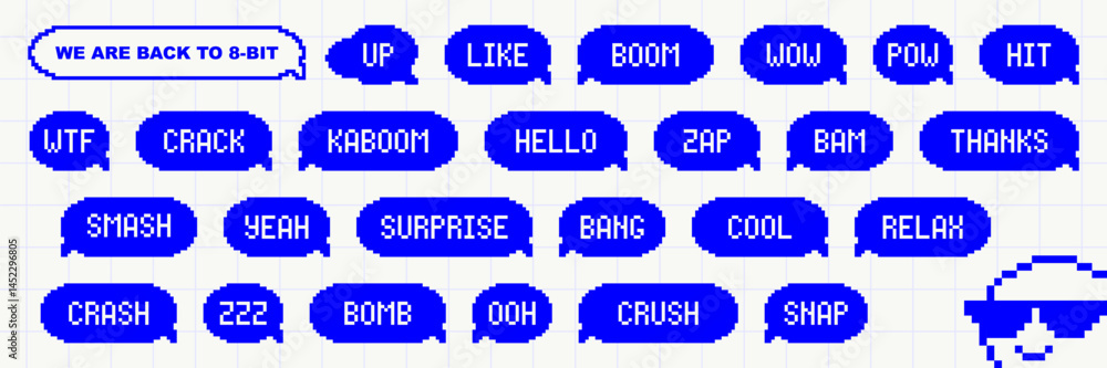 Poster set of pixel art speech bubbles. retro game style dialogue box. modern vector illustration.
