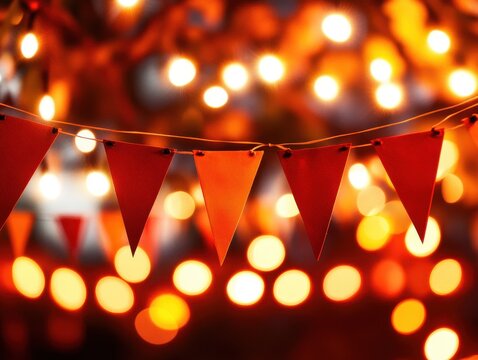 Red bunting flags with warm, glowing bokeh lights create a festive and celebratory atmosphere.