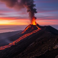 Fototapeta premium Volcanic Eruption at Sunset: Fiery Lava Flowing Down Mountainside