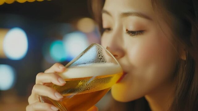 ビールを楽しむ若い日本人女性の明るい笑顔