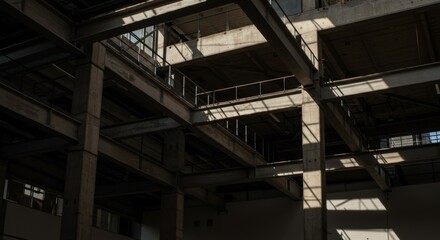 Fototapeta premium Industrial Building Interior with Concrete Beams and Shadows