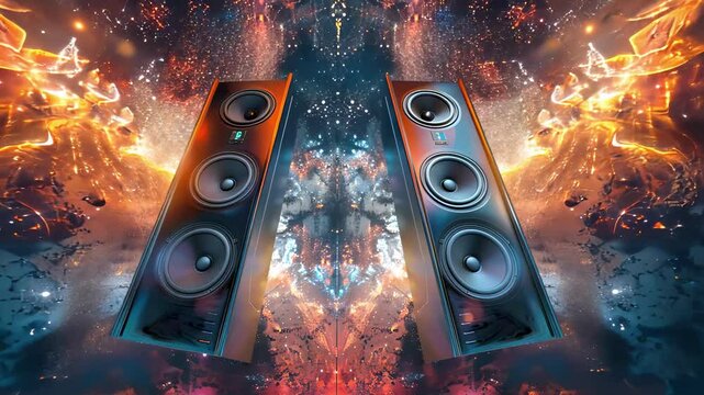 Surreal digital animation of fiery speakers amidst cosmic elements. concept of explosive sound, audio fantasy, vibrant energy, music fusion