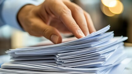 Hand organizing stacks of documents for efficient office productivity