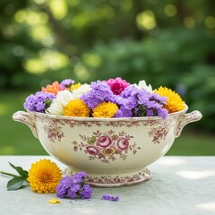 Colorful Summer Flower Arrangement in Vintage Bowl