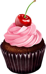Chocolate cupcakes topped with cherries and pink whipped cream