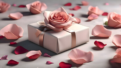 White square gift box with a delicate pink rose placed on top of it in a minimal romantic composition