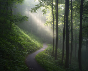Fototapeta premium Misty Forest Path Sunrise.
