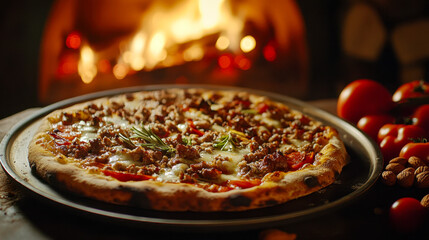 Freshly baked meat and vegetable pizza with vibrant toppings and warm wood oven glow