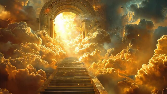 Ethereal stairway leading to a golden heavenly portal amidst glorious clouds. concept of divine journey, celestial light, mystical entrance, spiritual ascent